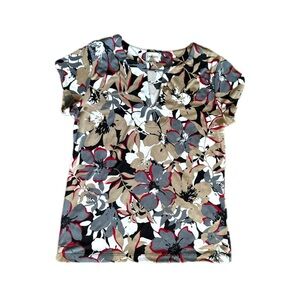 Chico's Floral Split Neck Top Size 1 (M) Taupe Black Gray Red Stretch Blouse